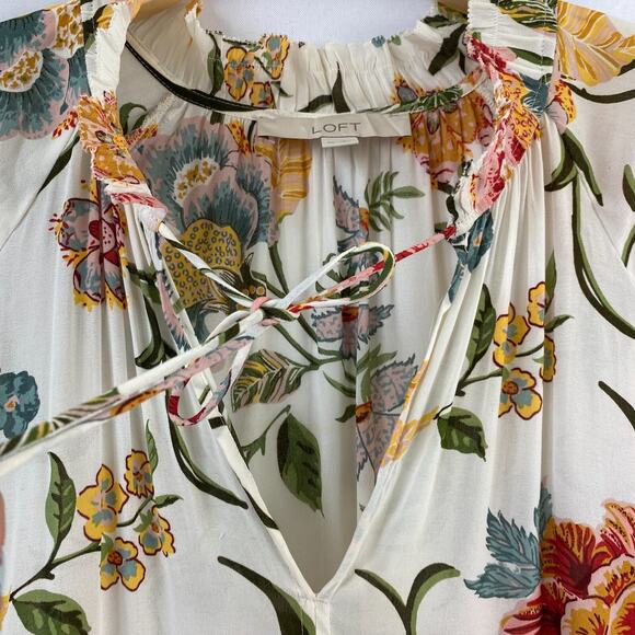 LOFT Poppy Bloom Floral Blouse Women XL Multicolor Tassel Tie Neck Cottagecore - Picture 4 of 10